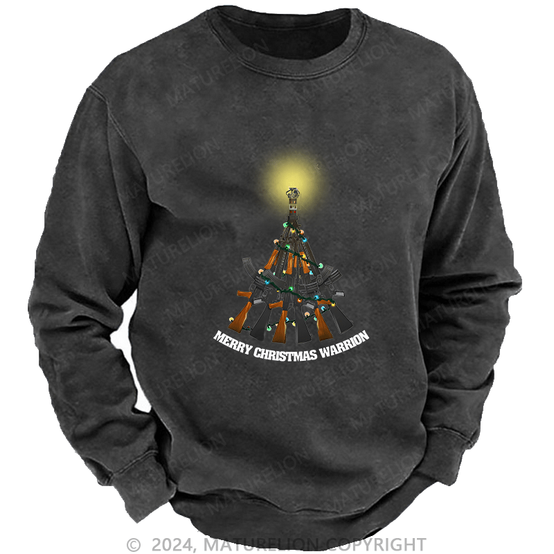 Maturelion Men's Sweatshirt Merry Christmas Warrior Custom Washed Sweatshirt