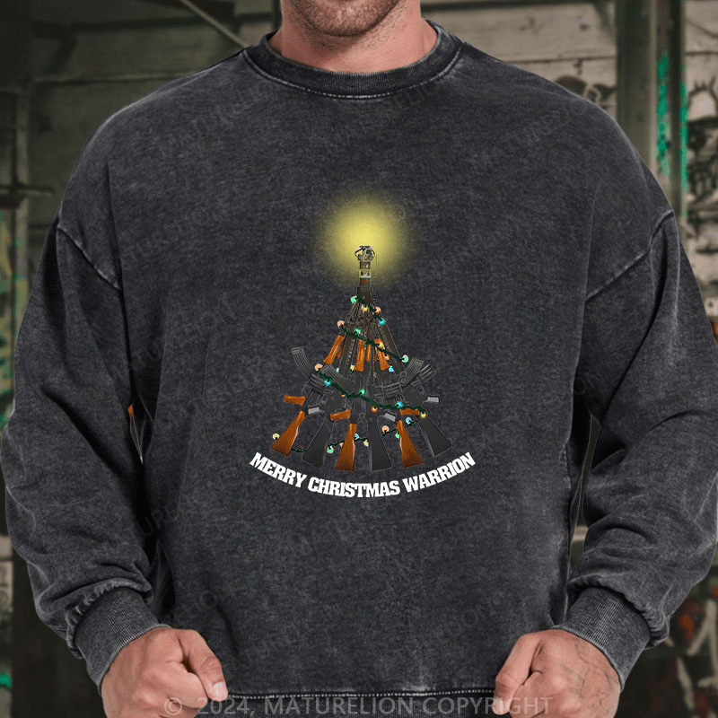 Maturelion Men's Sweatshirt Merry Christmas Warrior Custom Washed Sweatshirt