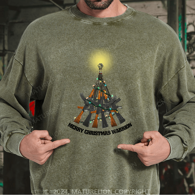Maturelion Men's Sweatshirt Merry Christmas Warrior Custom Washed Sweatshirt