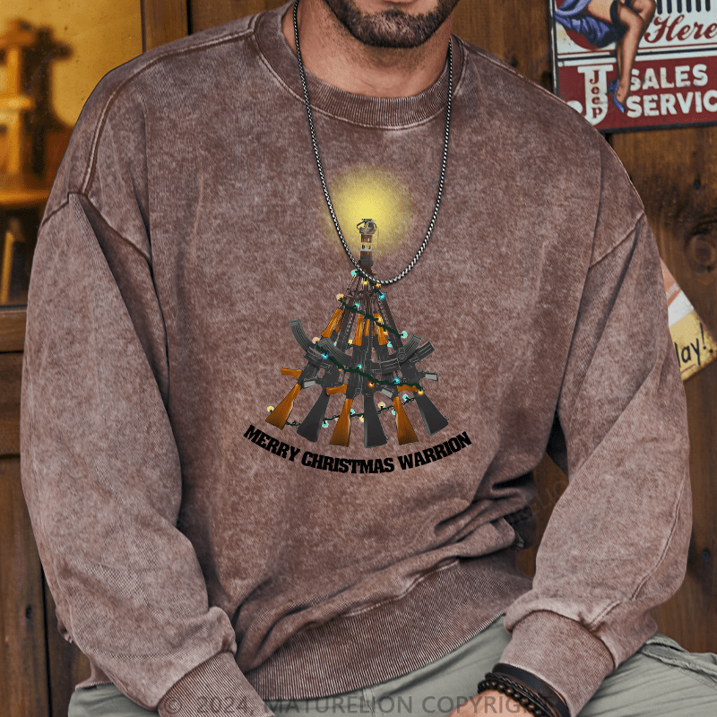 Maturelion Men's Sweatshirt Merry Christmas Warrior Custom Washed Sweatshirt