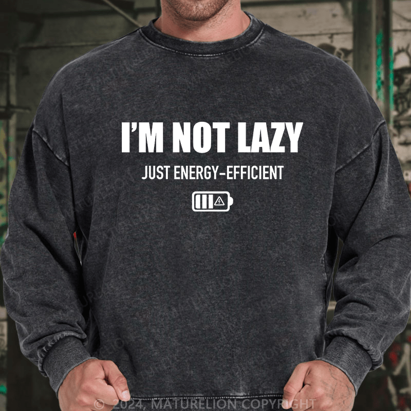 Maturelion Men's Sweatshirt I'M Not Lazy Just Energy-Efficient Custom Washed Sweatshirt