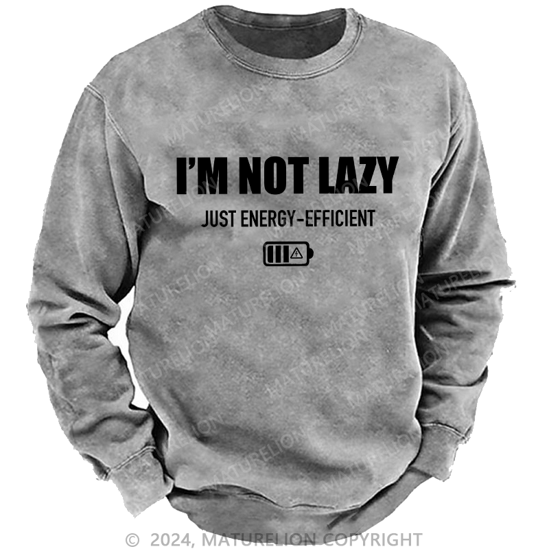 Maturelion Men's Sweatshirt I'M Not Lazy Just Energy-Efficient Custom Washed Sweatshirt