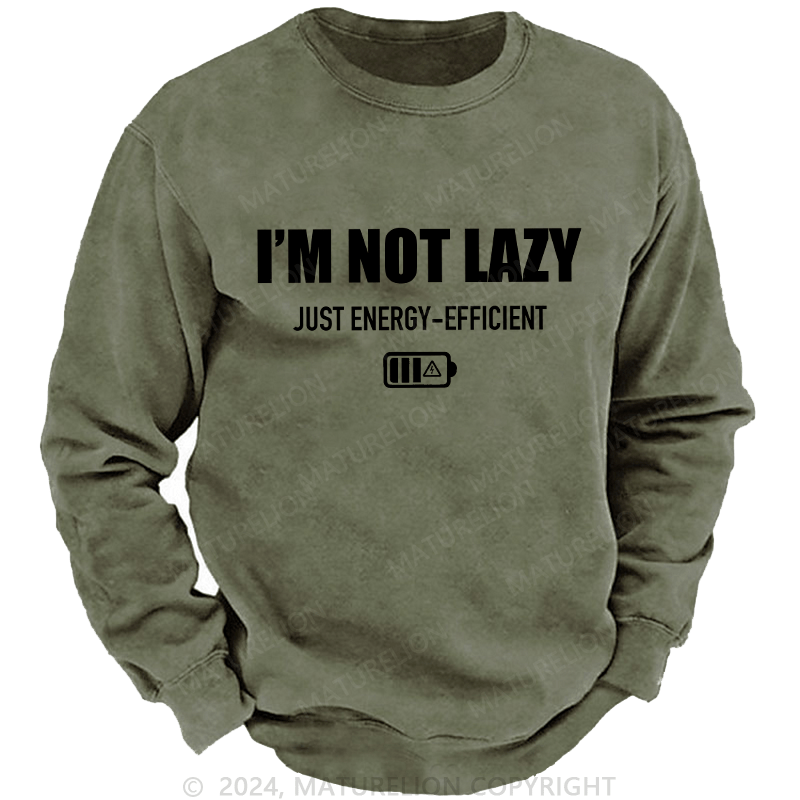 Maturelion Men's Sweatshirt I'M Not Lazy Just Energy-Efficient Custom Washed Sweatshirt