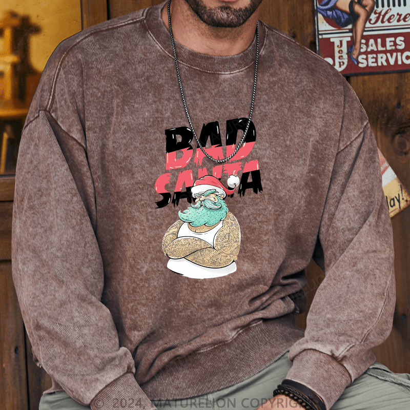 Maturelion Men's Sweatshirt Christmas Tattooed Santa Loves Tattoos Custom Washed Sweatshirt