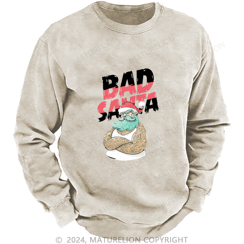 Maturelion Men's Sweatshirt Christmas Tattooed Santa Loves Tattoos Custom Washed Sweatshirt