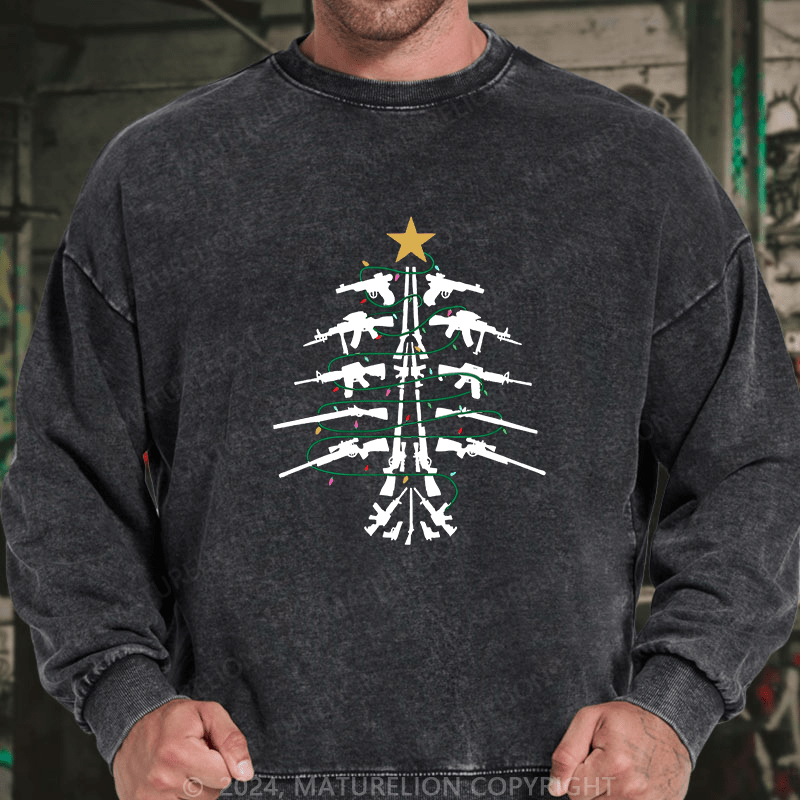 Maturelion Men's Sweatshirt Christmas Tree Firepower Custom Washed Sweatshirt