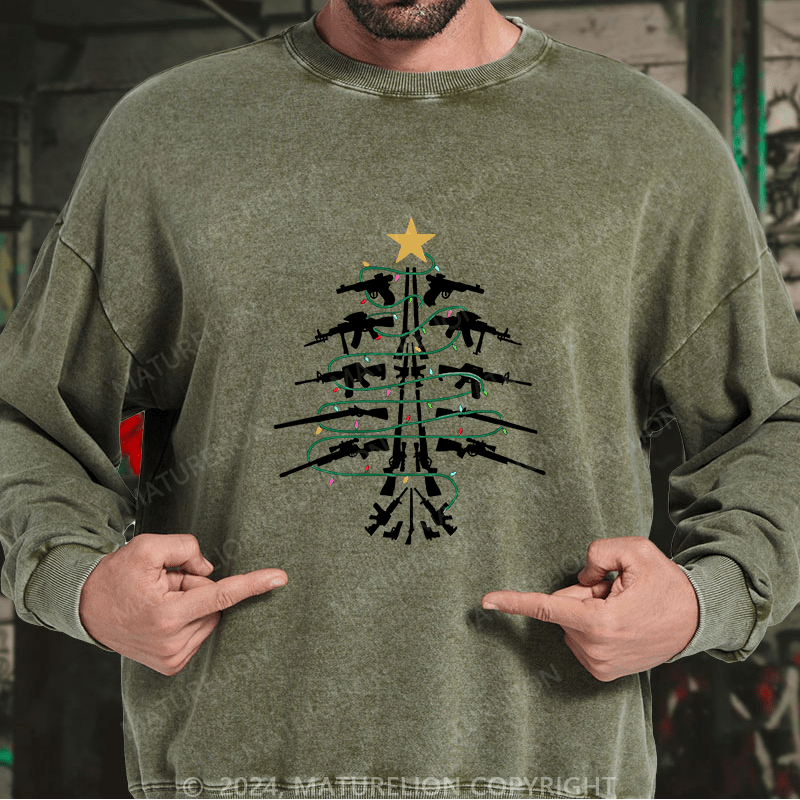 Maturelion Men's Sweatshirt Christmas Tree Firepower Custom Washed Sweatshirt