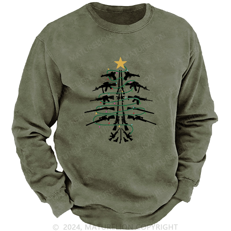 Maturelion Men's Sweatshirt Christmas Tree Firepower Custom Washed Sweatshirt
