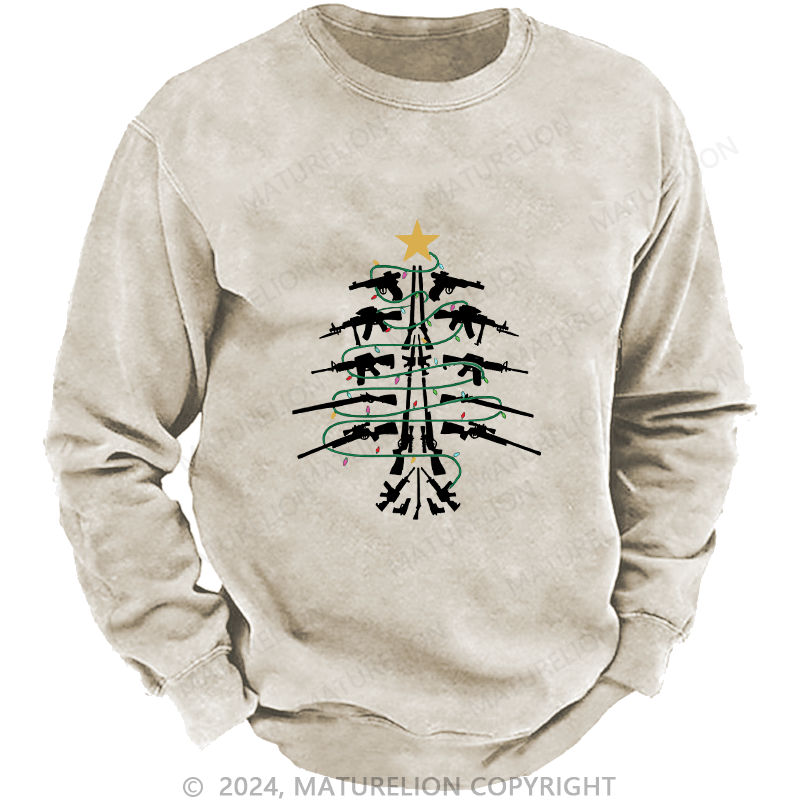 Maturelion Men's Sweatshirt Christmas Tree Firepower Custom Washed Sweatshirt
