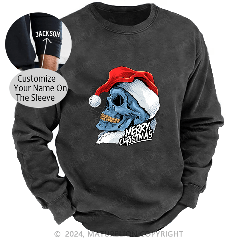 Maturelion Men's Sweatshirt Christmas Skull Wearing Santa Claus Hat Custom Washed Sweatshirt