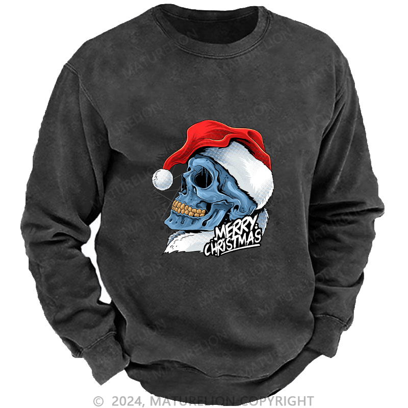 Maturelion Men's Sweatshirt Christmas Skull Wearing Santa Claus Hat Custom Washed Sweatshirt