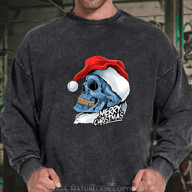 Maturelion Men's Sweatshirt Christmas Skull Wearing Santa Claus Hat Custom Washed Sweatshirt
