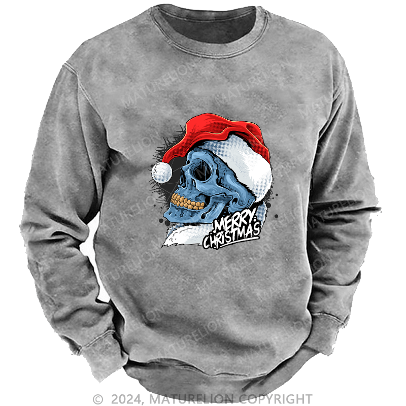 Maturelion Men's Sweatshirt Christmas Skull Wearing Santa Claus Hat Custom Washed Sweatshirt