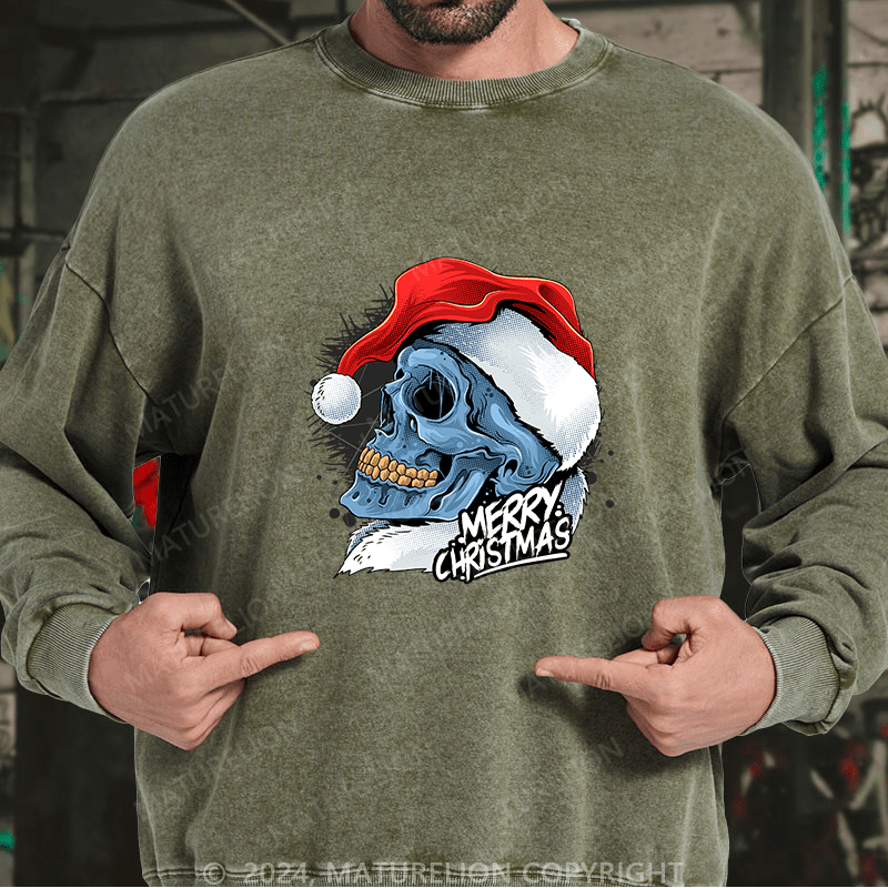 Maturelion Men's Sweatshirt Christmas Skull Wearing Santa Claus Hat Custom Washed Sweatshirt