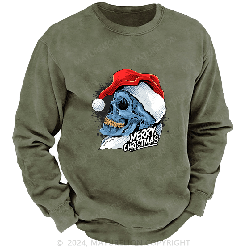 Maturelion Men's Sweatshirt Christmas Skull Wearing Santa Claus Hat Custom Washed Sweatshirt