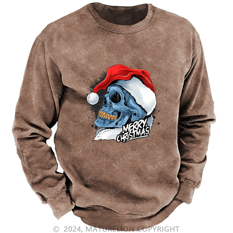 Maturelion Men's Sweatshirt Christmas Skull Wearing Santa Claus Hat Custom Washed Sweatshirt