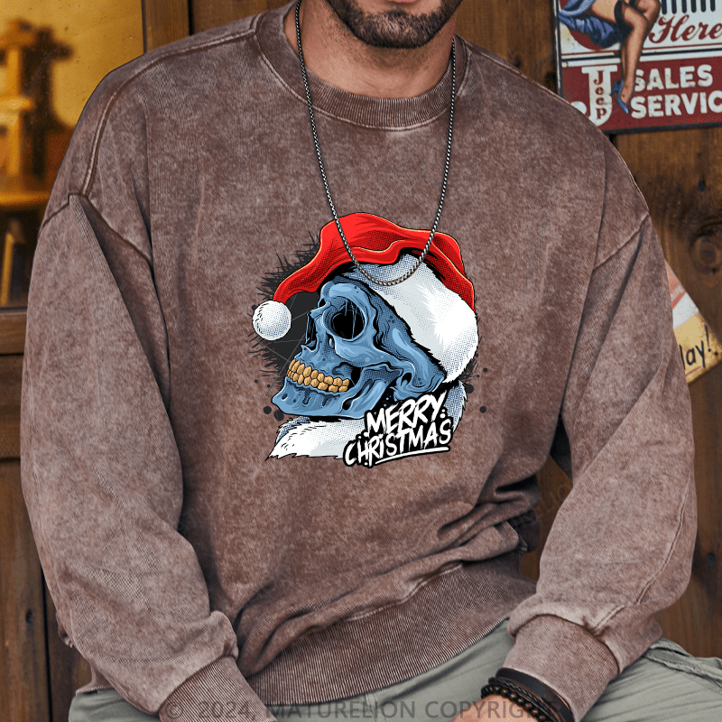 Maturelion Men's Sweatshirt Christmas Skull Wearing Santa Claus Hat Custom Washed Sweatshirt
