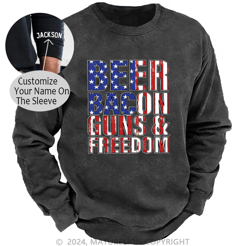 Maturelion Men's Sweatshirt Beer Bacon Guns And Freedom Custom Washed Sweatshirt