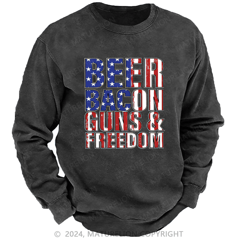 Maturelion Men's Sweatshirt Beer Bacon Guns And Freedom Custom Washed Sweatshirt