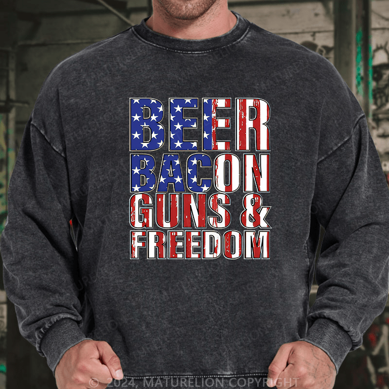 Maturelion Men's Sweatshirt Beer Bacon Guns And Freedom Custom Washed Sweatshirt