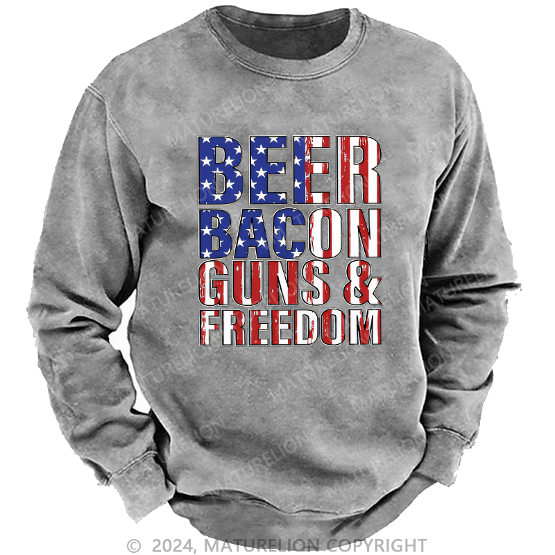 Maturelion Men's Sweatshirt Beer Bacon Guns And Freedom Custom Washed Sweatshirt