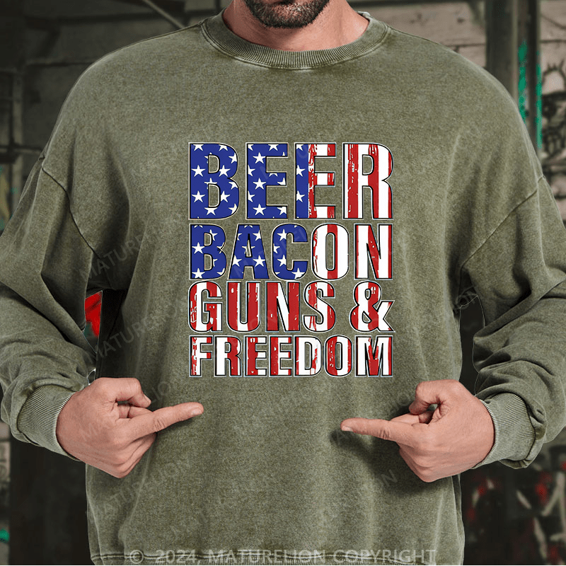 Maturelion Men's Sweatshirt Beer Bacon Guns And Freedom Custom Washed Sweatshirt