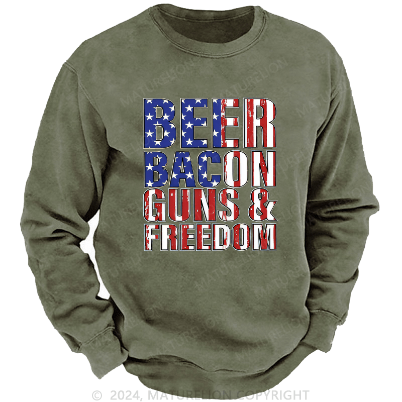 Maturelion Men's Sweatshirt Beer Bacon Guns And Freedom Custom Washed Sweatshirt