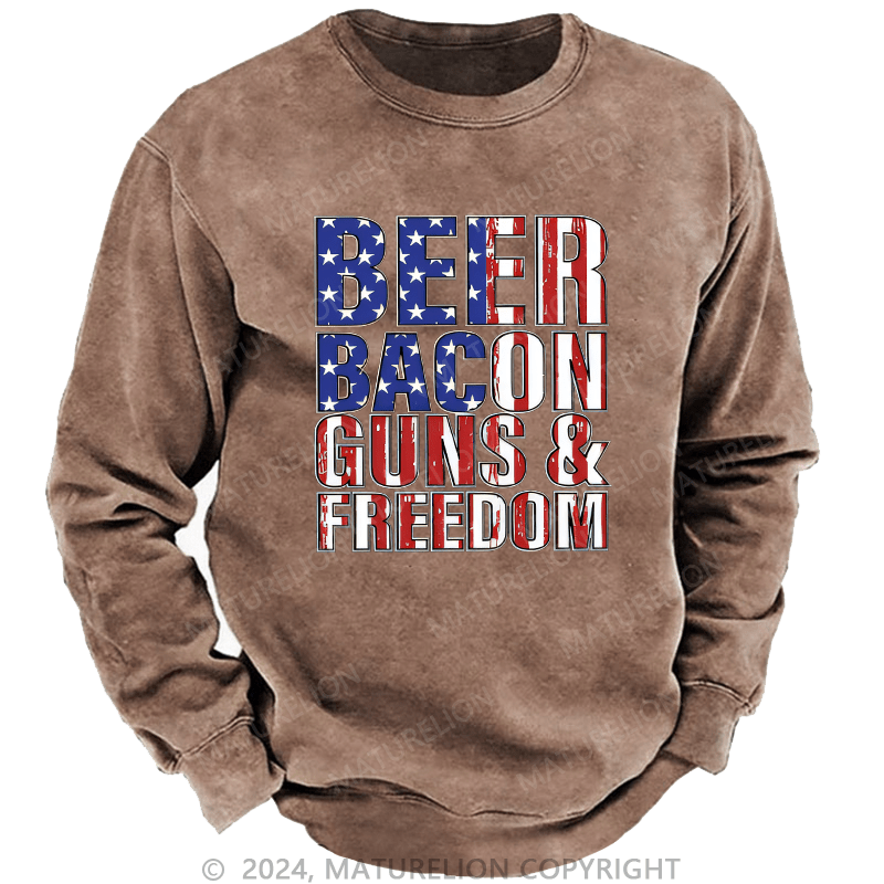 Maturelion Men's Sweatshirt Beer Bacon Guns And Freedom Custom Washed Sweatshirt