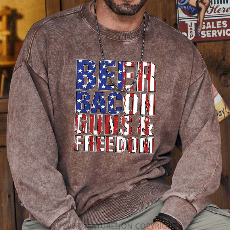 Maturelion Men's Sweatshirt Beer Bacon Guns And Freedom Custom Washed Sweatshirt