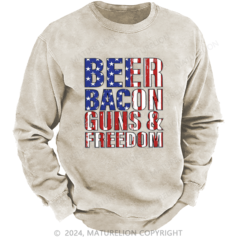 Maturelion Men's Sweatshirt Beer Bacon Guns And Freedom Custom Washed Sweatshirt