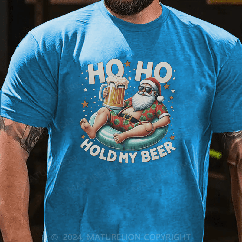 Maturelion  Christmas T-Shirt Ho Ho Hold My Beer Summer Santa Sunglasses Christmas in July Premium T-Shirt