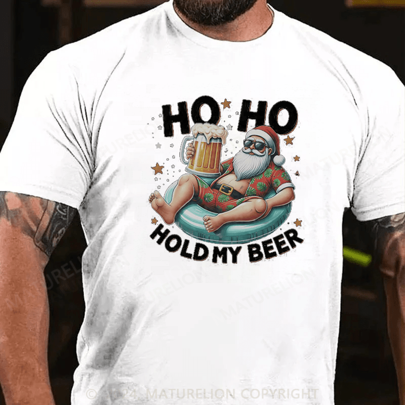 Maturelion  Christmas T-Shirt Ho Ho Hold My Beer Summer Santa Sunglasses Christmas in July Premium T-Shirt
