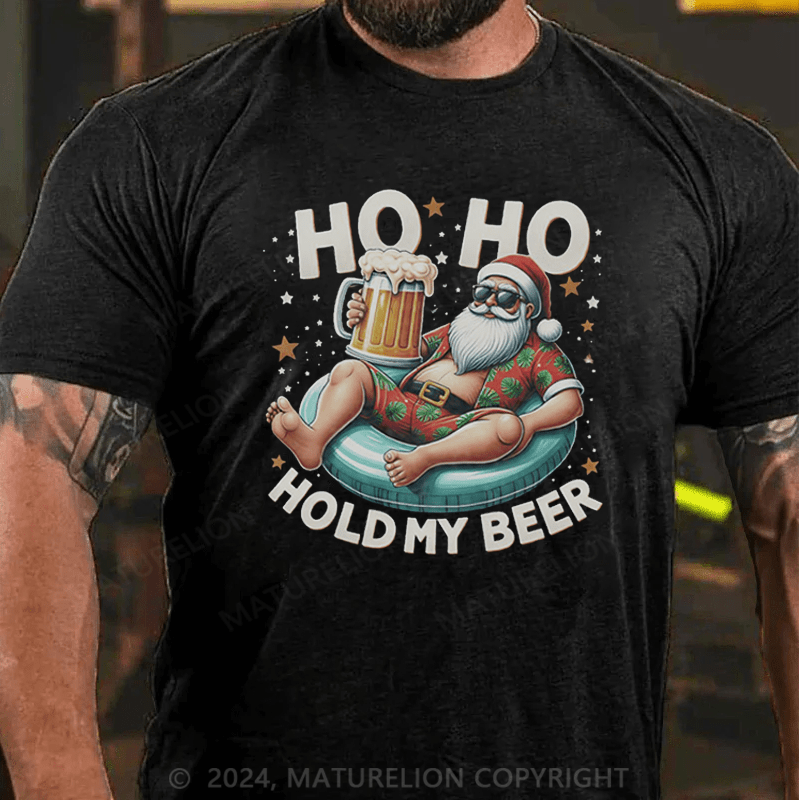 Maturelion  Christmas T-Shirt Ho Ho Hold My Beer Summer Santa Sunglasses Christmas in July Premium T-Shirt