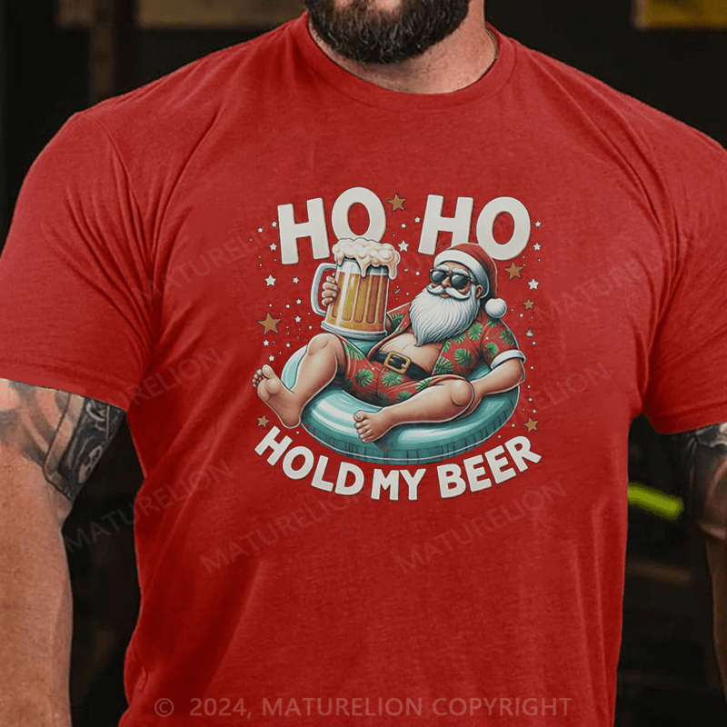 Maturelion  Christmas T-Shirt Ho Ho Hold My Beer Summer Santa Sunglasses Christmas in July Premium T-Shirt