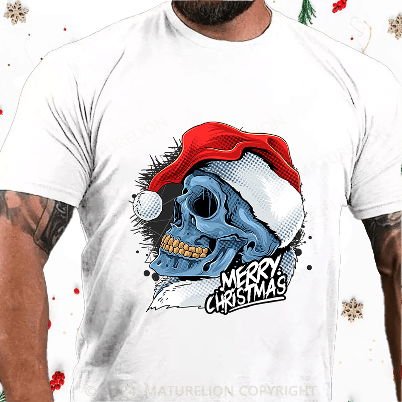 Maturelion Christmas T-Shirt Christmas Skull Wearing Santa Claus Hat Cotton T-Shirt