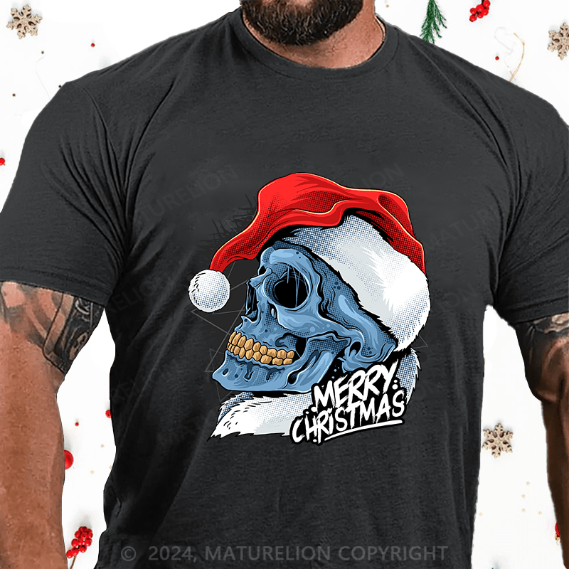 Maturelion Christmas T-Shirt Christmas Skull Wearing Santa Claus Hat Cotton T-Shirt