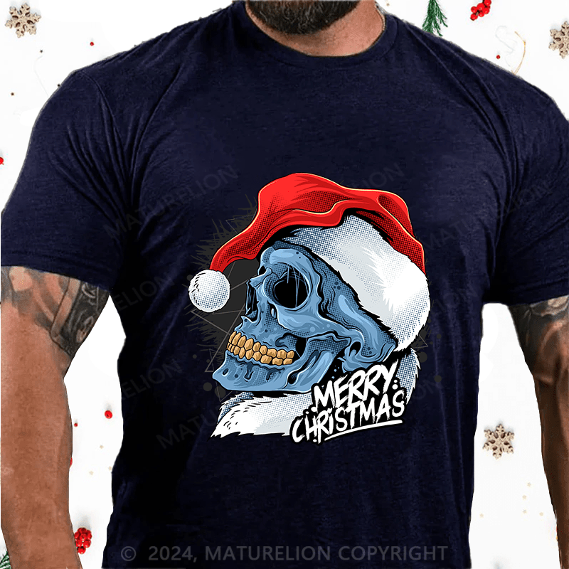 Maturelion Christmas T-Shirt Christmas Skull Wearing Santa Claus Hat Cotton T-Shirt