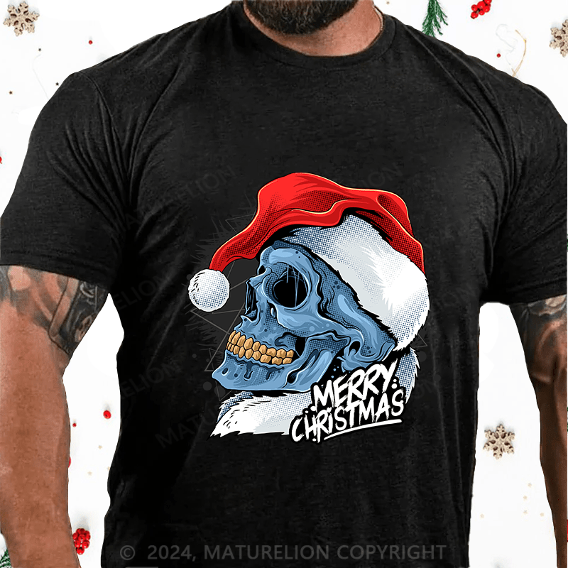 Maturelion Christmas T-Shirt Christmas Skull Wearing Santa Claus Hat Cotton T-Shirt