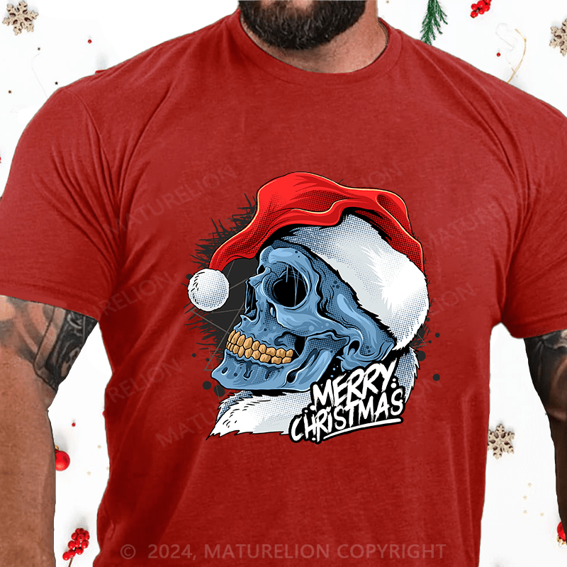 Maturelion Christmas T-Shirt Christmas Skull Wearing Santa Claus Hat Cotton T-Shirt