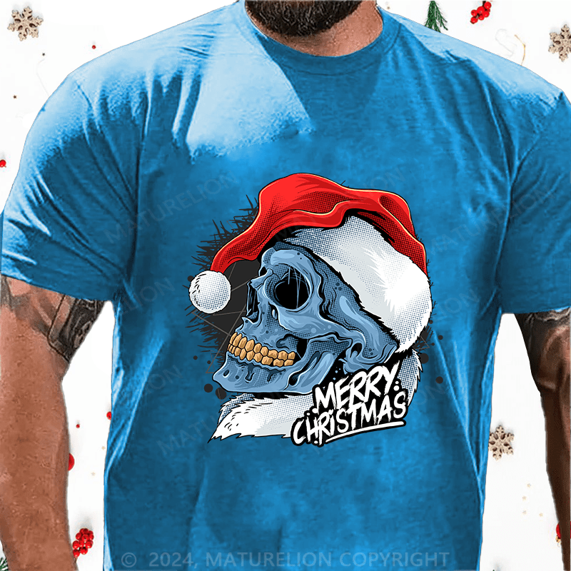 Maturelion Christmas T-Shirt Christmas Skull Wearing Santa Claus Hat Cotton T-Shirt