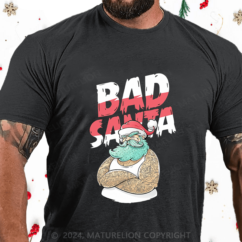 Maturelion Christmas T-Shirt Christmas Tattooed Santa Loves Tattoos Cotton T-Shirt