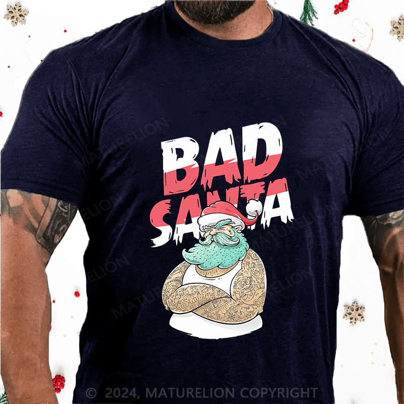 Maturelion Christmas T-Shirt Christmas Tattooed Santa Loves Tattoos Cotton T-Shirt