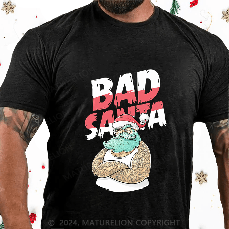 Maturelion Christmas T-Shirt Christmas Tattooed Santa Loves Tattoos Cotton T-Shirt