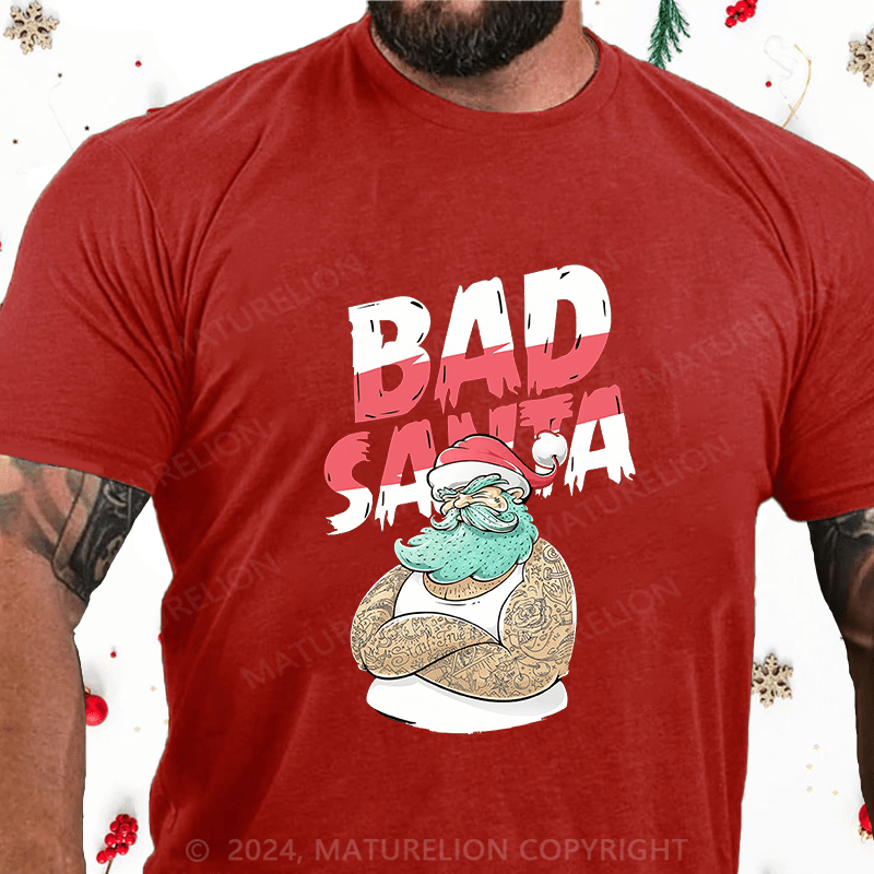 Maturelion Christmas T-Shirt Christmas Tattooed Santa Loves Tattoos Cotton T-Shirt