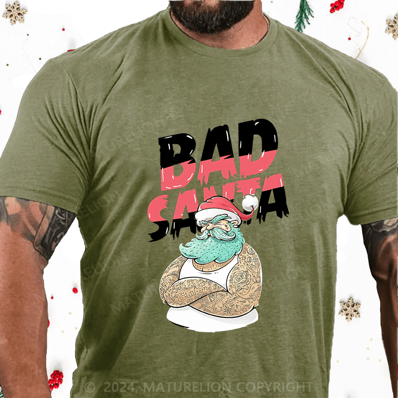 Maturelion Christmas T-Shirt Christmas Tattooed Santa Loves Tattoos Cotton T-Shirt