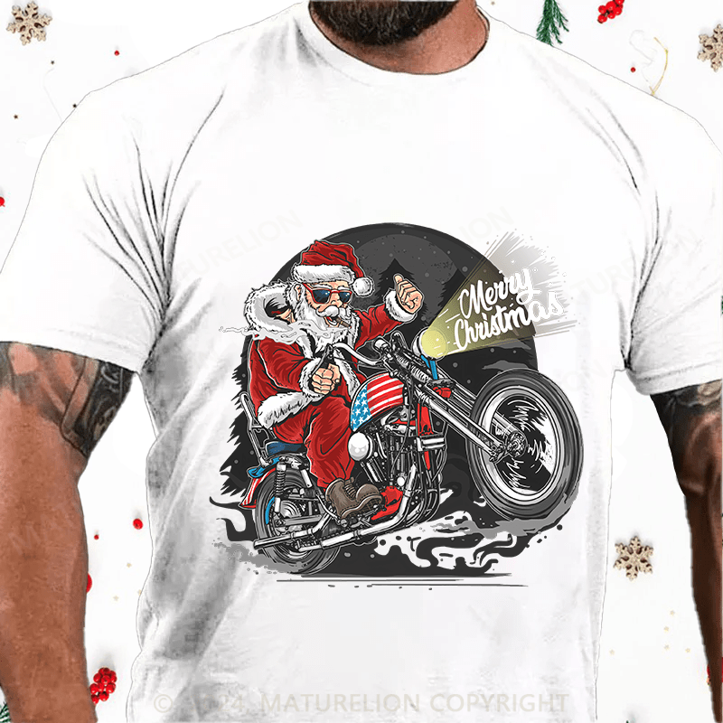 Maturelion Christmas T-Shirt Santa Riding Motorcycle Christmas Cotton T-Shirt
