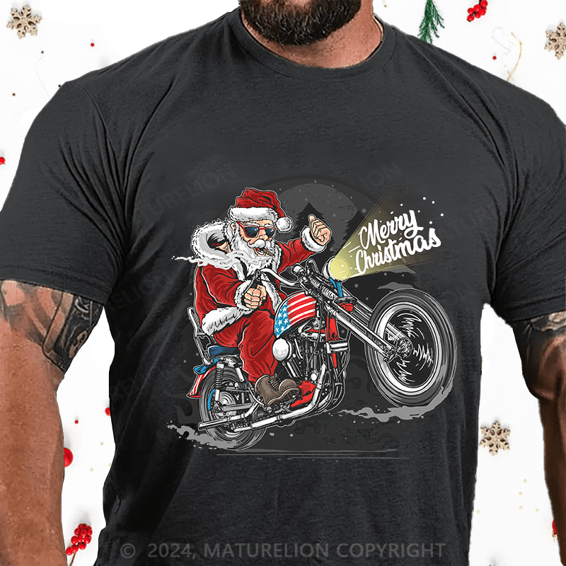 Maturelion Christmas T-Shirt Santa Riding Motorcycle Christmas Cotton T-Shirt
