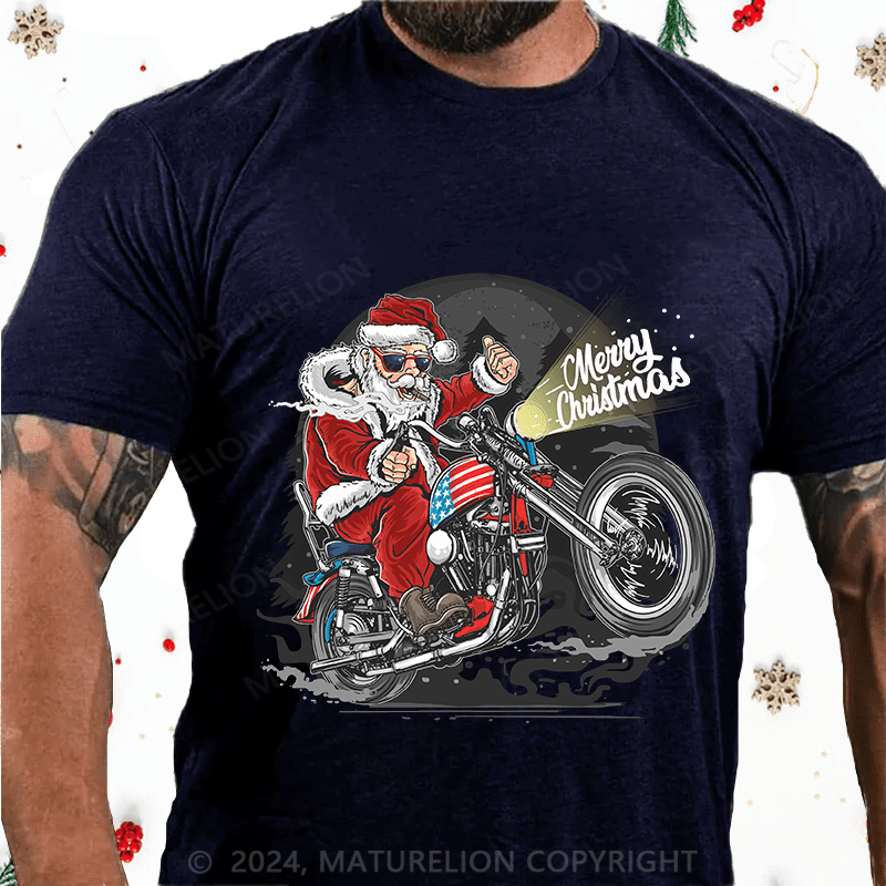 Maturelion Christmas T-Shirt Santa Riding Motorcycle Christmas Cotton T-Shirt
