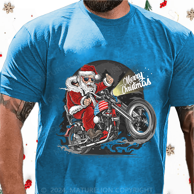 Maturelion Christmas T-Shirt Santa Riding Motorcycle Christmas Cotton T-Shirt