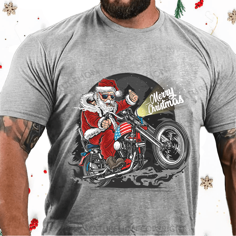 Maturelion Christmas T-Shirt Santa Riding Motorcycle Christmas Cotton T-Shirt